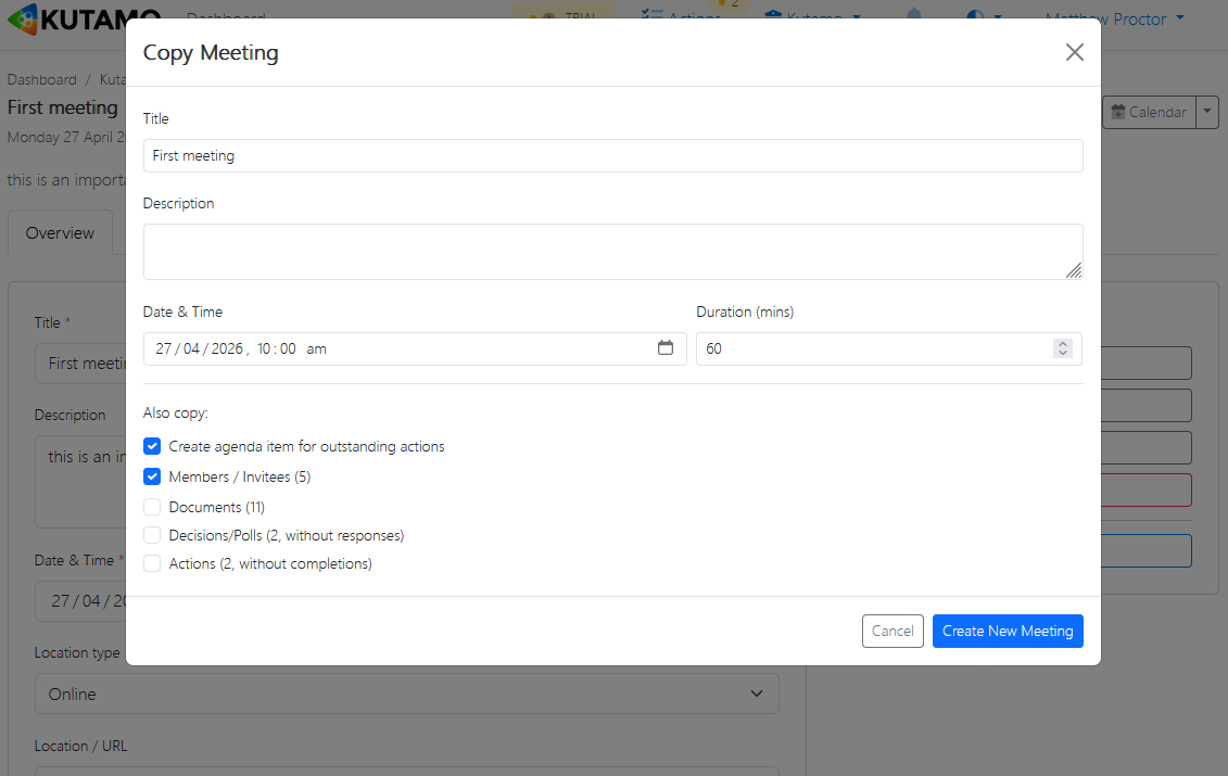 'Outstanding actions' agenda item auto-created at the top of the next meeting