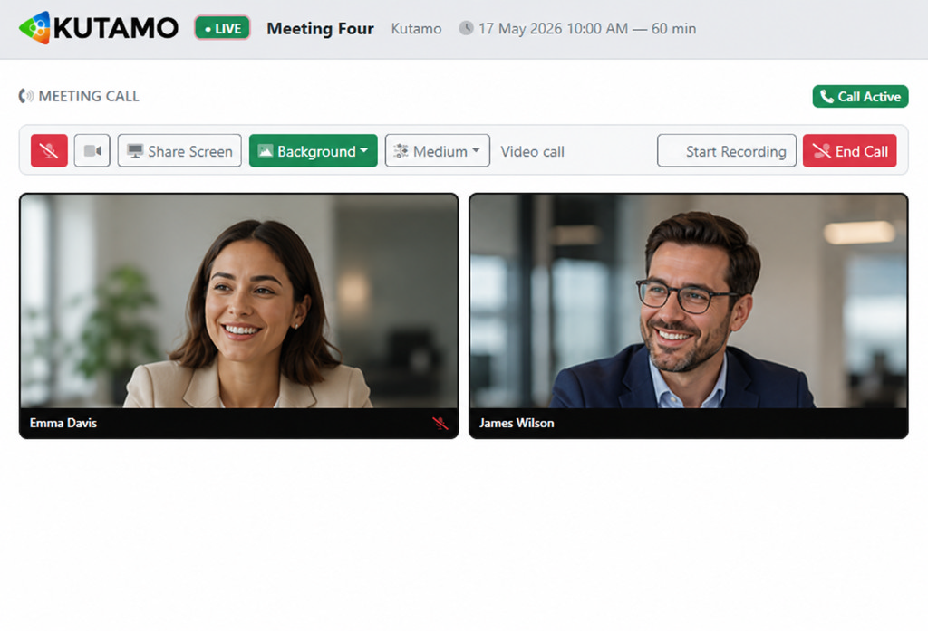 Kutamo live meeting page with a real-time poll chart
