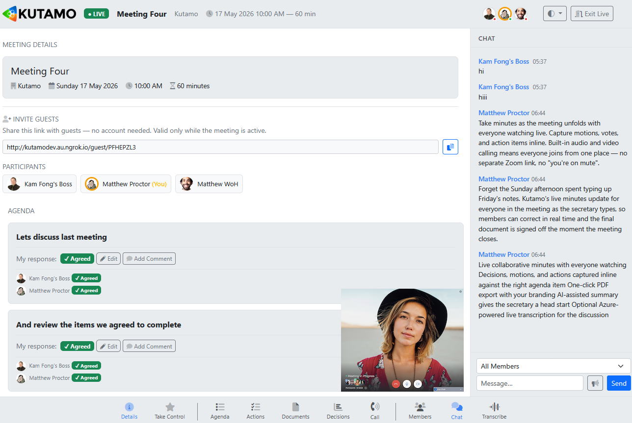 Action edit panel - title, description, due date, multi-assignee selector, completion notes