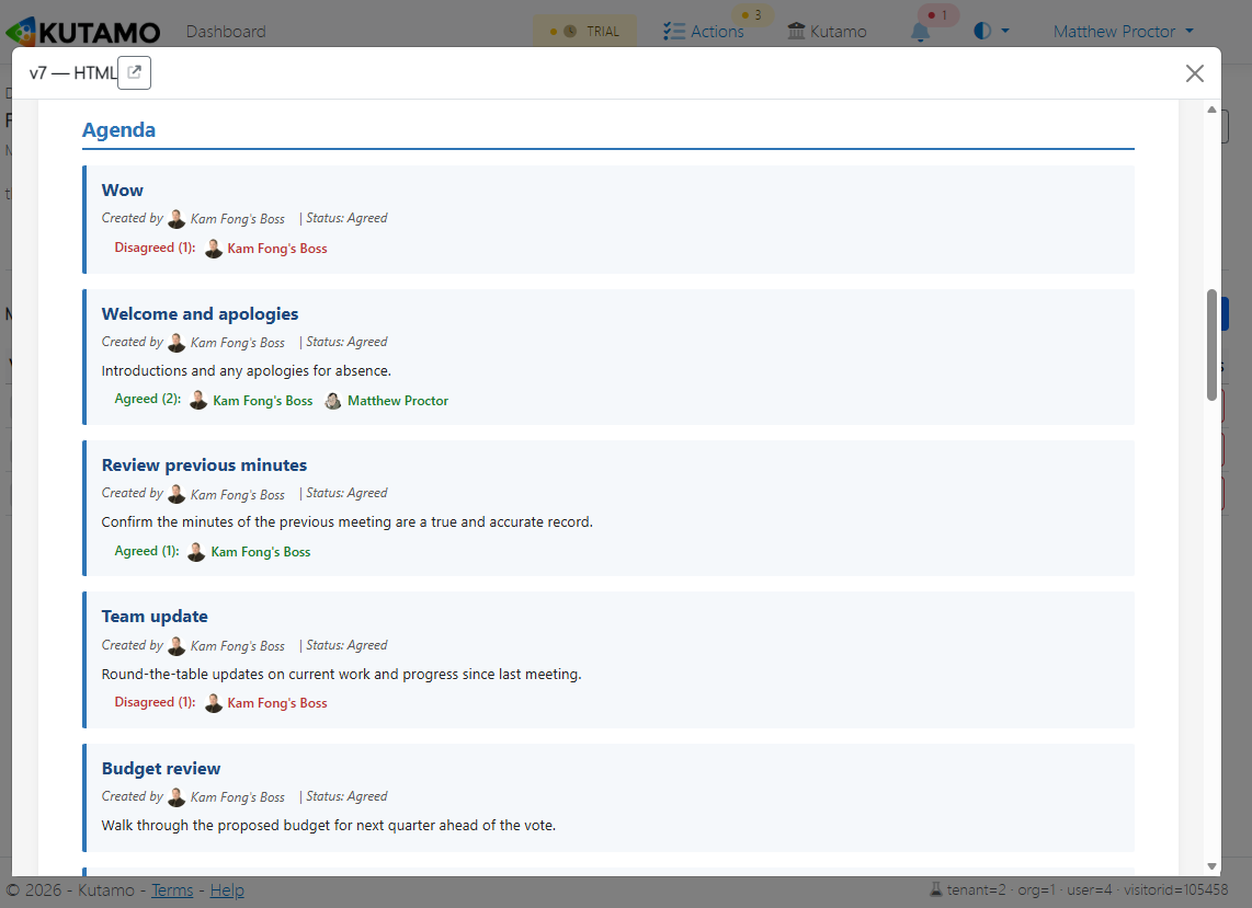 Agenda builder — drag/drop items, attached docs, presenter avatars, per-item duration