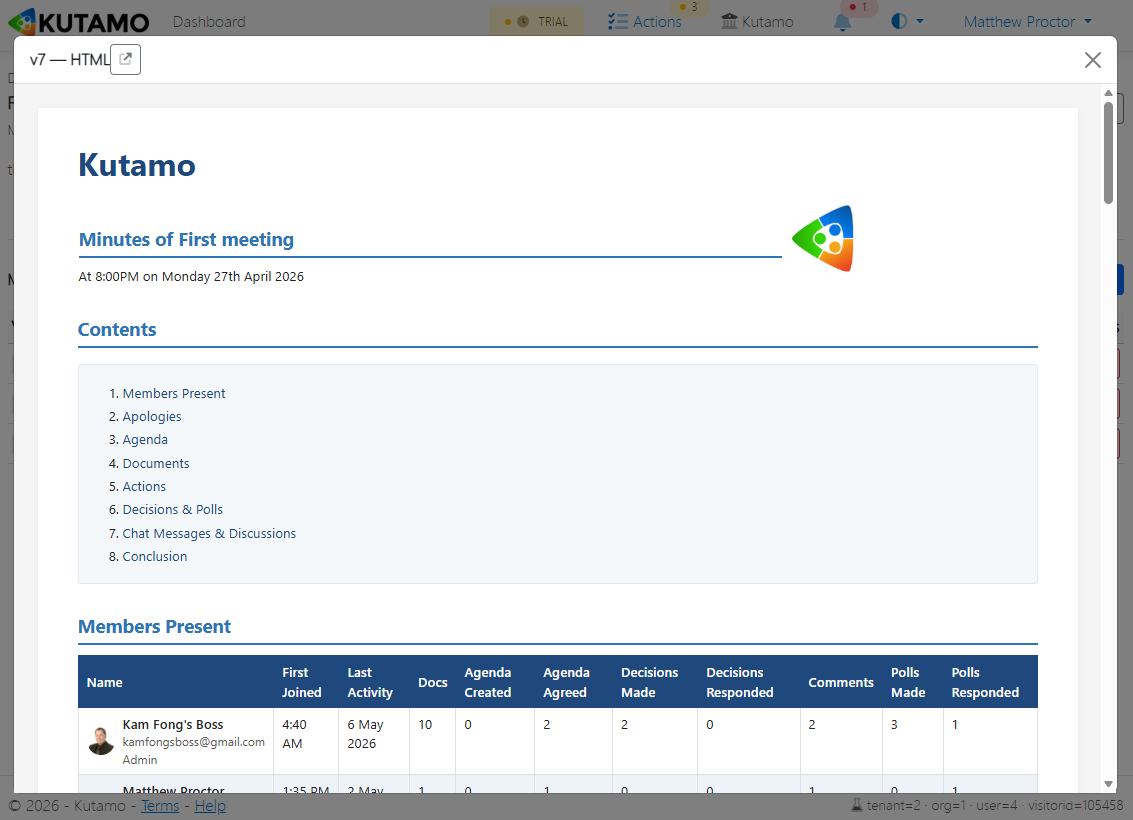 Minutes content sections - attendees with role badges, apologies, agenda outcomes, votes, actions