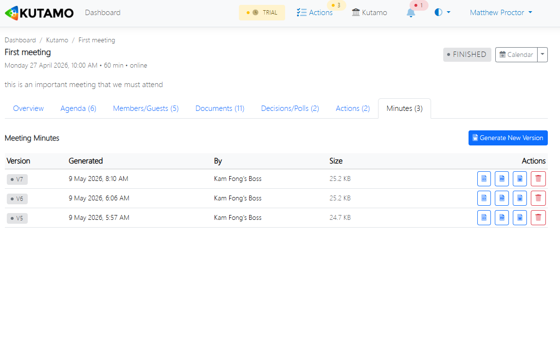 Minutes status badges - Draft, Approved, Locked - with timestamps and acting user